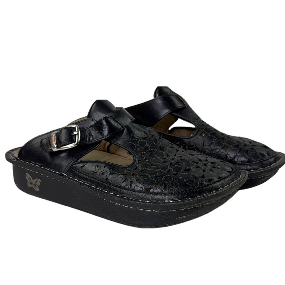 Alegria Women's Black Cutout Leather Slip-on Clogs Mules
